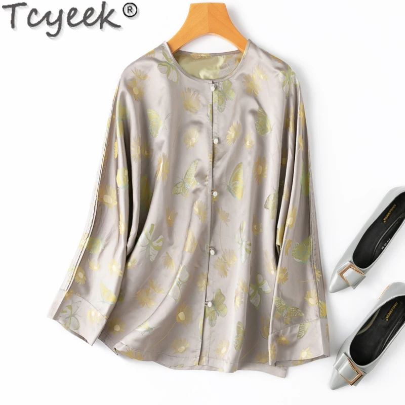 

Tcyeek 100% Real Mulberry Silk Shirt Vintage Shirt Elegant Women's Shirts Summer Clothes Long Sleeve Womens Tops Chemise Femme