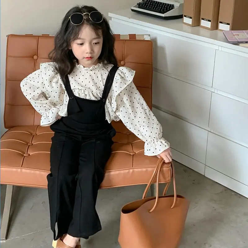 Girls' Outfit Polka Dot Flutter Sleeve Top with Straps and Flared Pants25Spring and Autumn New Fashion Foreign Trade Children's