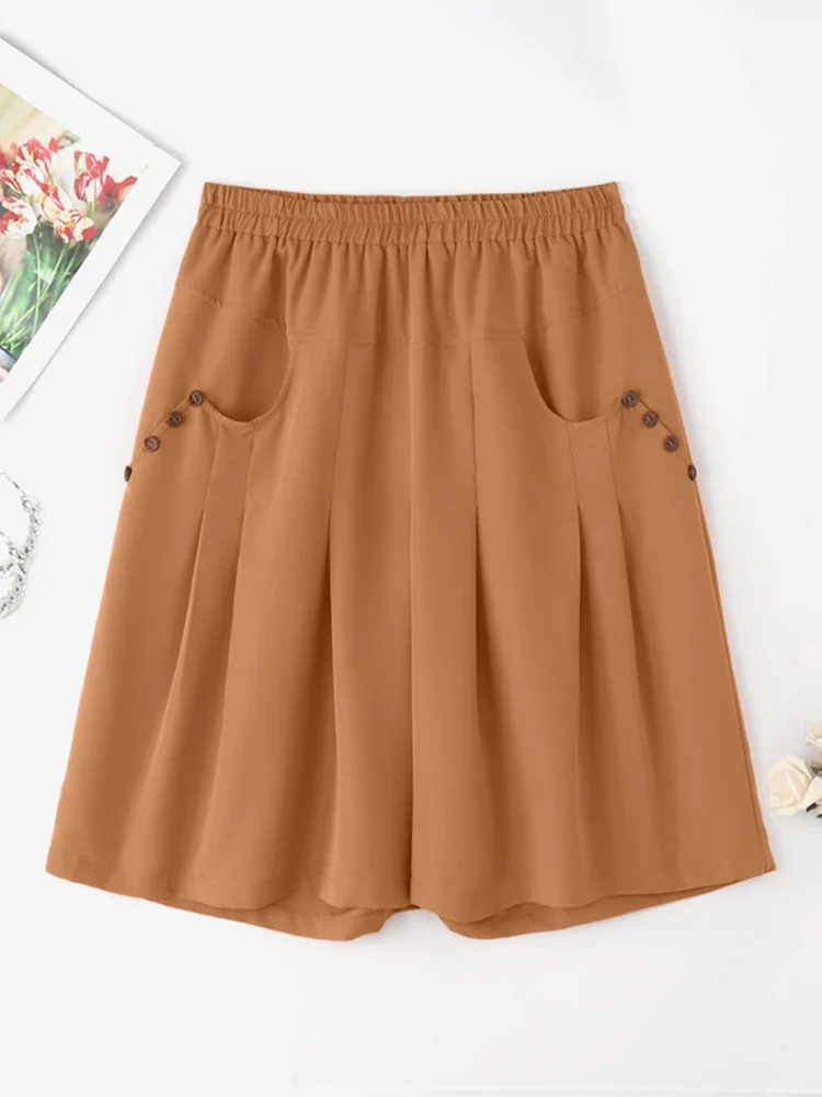 ZANZEA 2025 Summer Women Solid Half Shorts Fashion Elastic Waisted Button Short Pants Casual Pocket Overalls Korean Bottoms