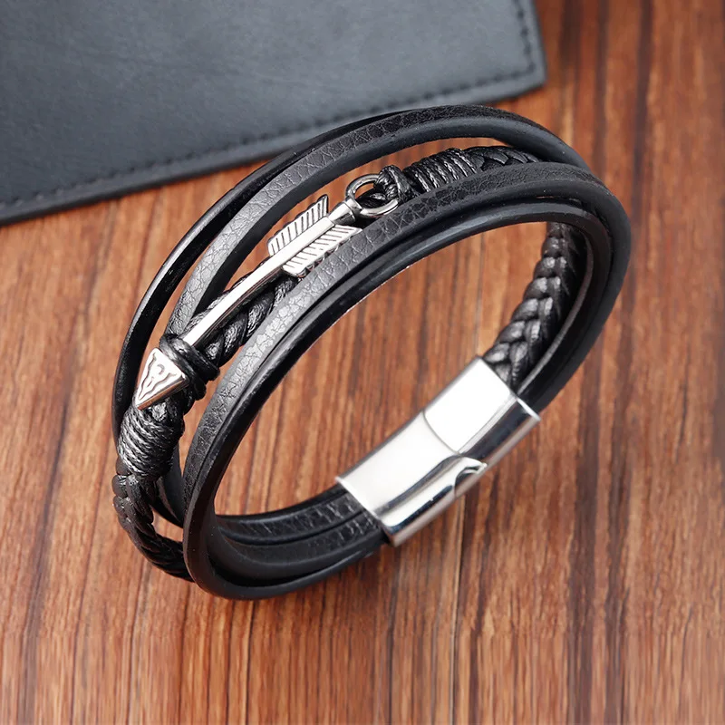 Charm Italian Stainless Steel Jewelry Genuine Leather Bracelet Hip-hop Arrows Multi-layer Woven Bracelet