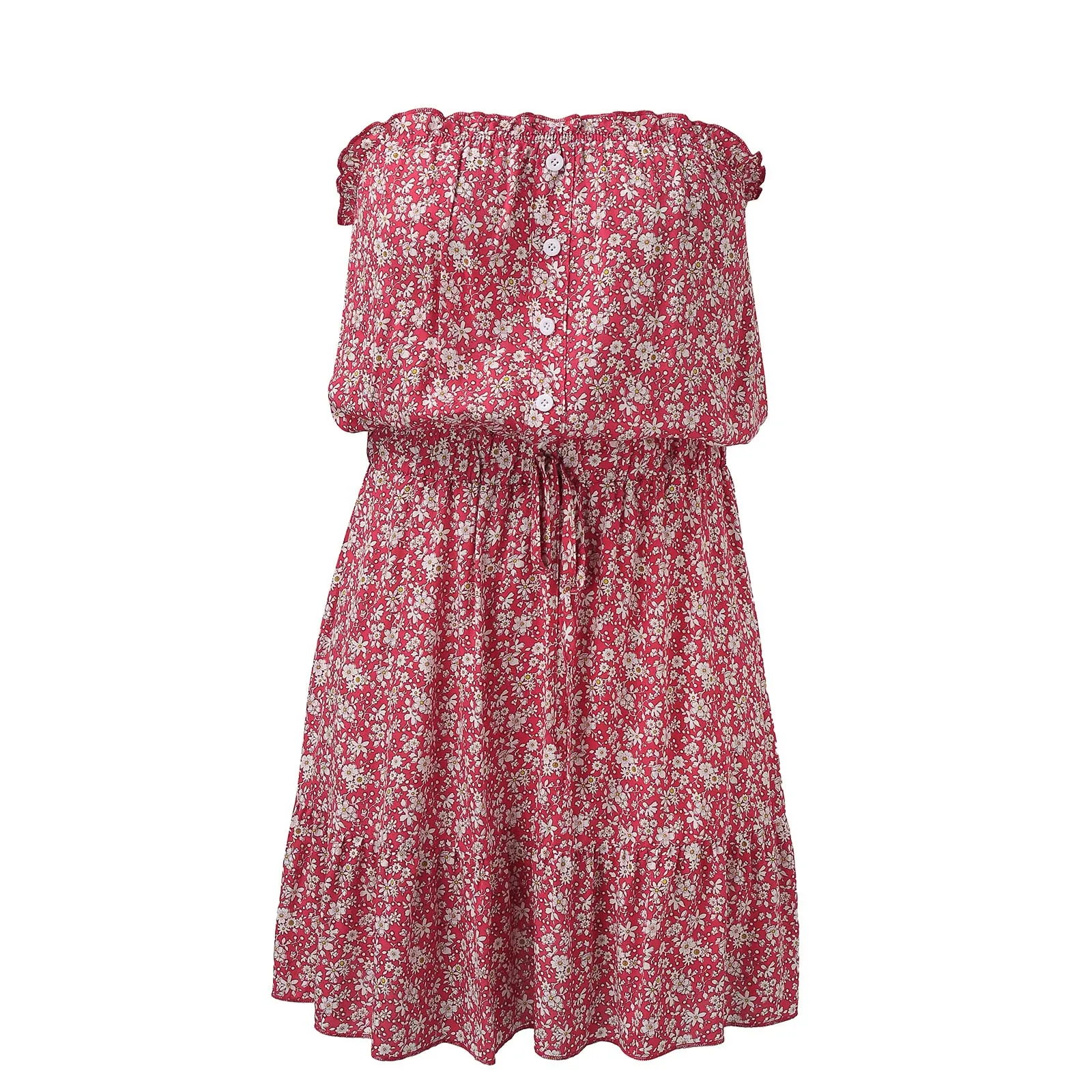 Bonito e barato strapless vestido de flor para as mulheres praia férias verão praia smocked vestidos para meninas robe femme