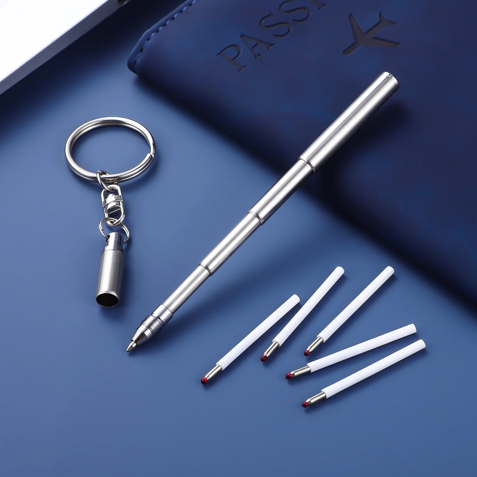 

Portable Stainless Steel Keychain Pen Retractable Ballpoint Mini Pen for Everyday Carry with Extra Refills Set