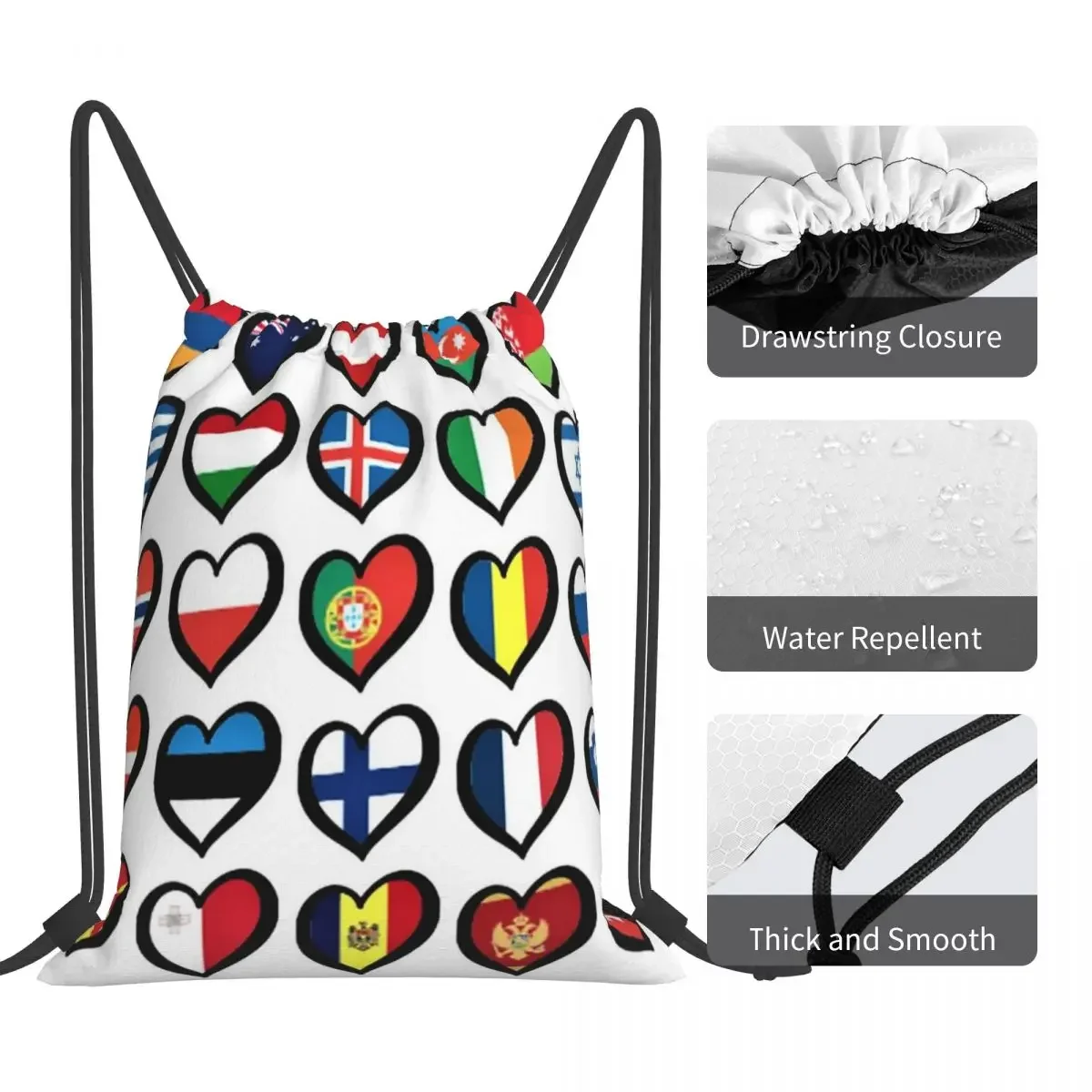 Drawstring Bundle Pocket Sports Bag, Drawstring Bags, Bandeira Corações Mochilas, Bookbag para Viagens e Escola, Concurso Europeu da Canção