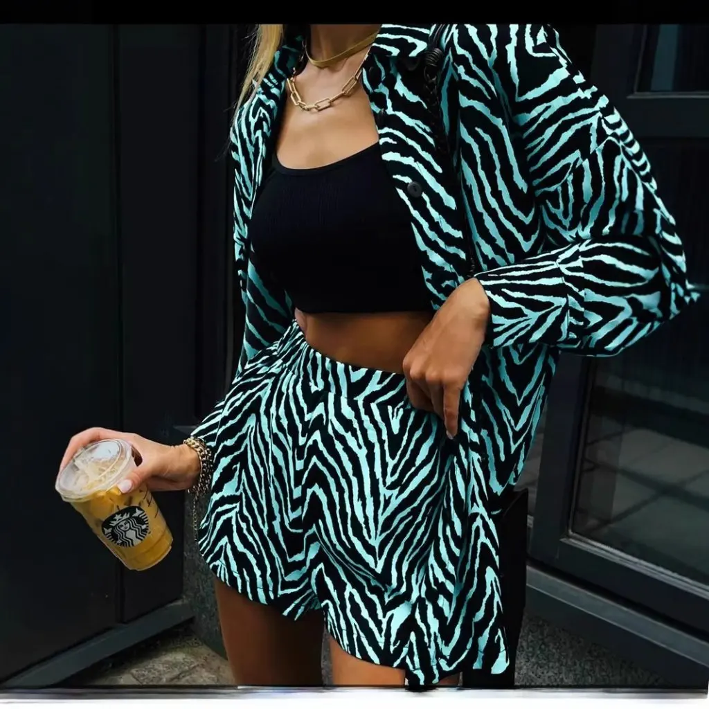 Summer Women's Leopard Print Long-Sleeved Shirt And Shorts Two-Piece Set European And American Style Fashion