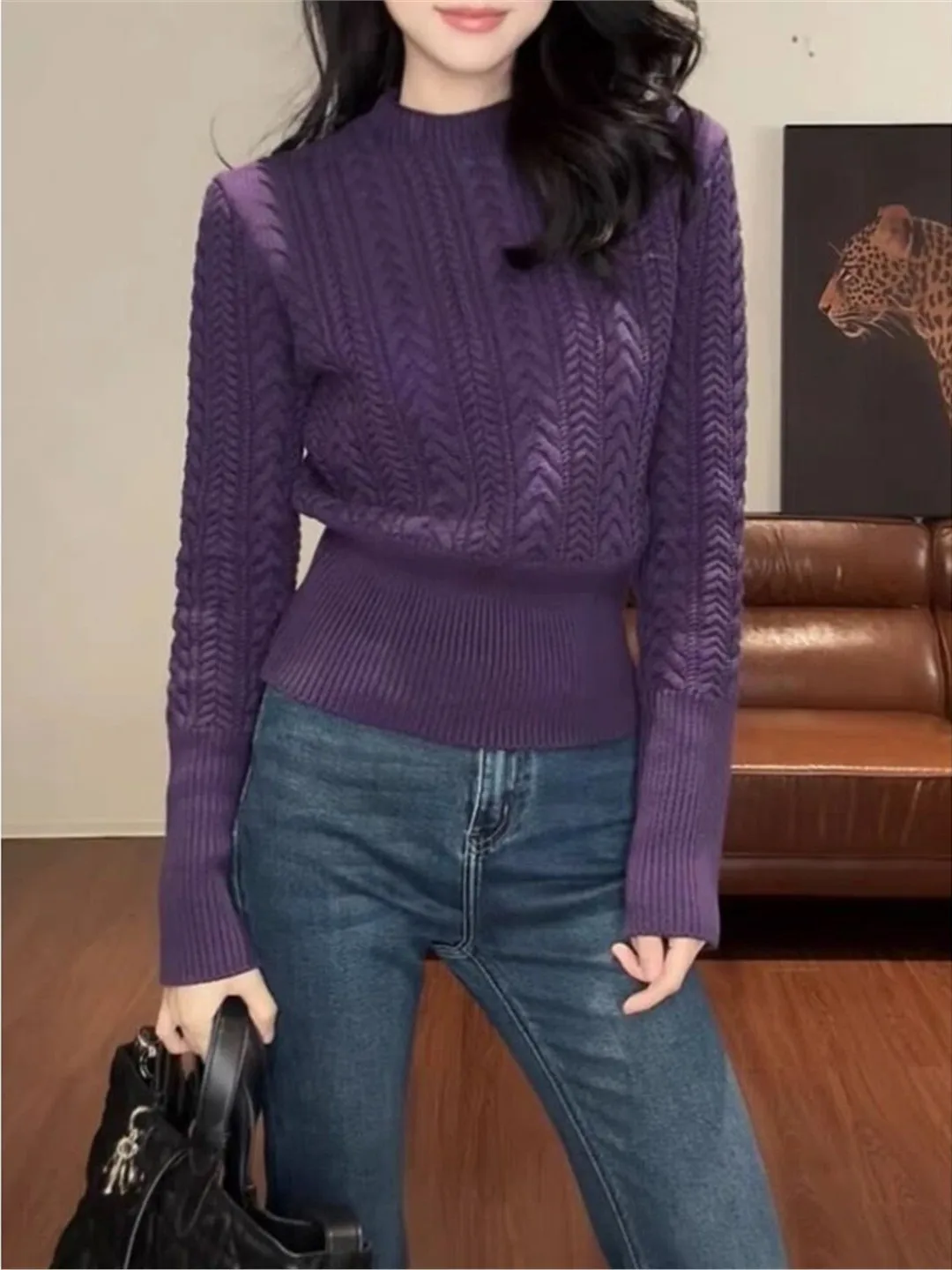 

Fashionable Thickened Knitted Sweater Women's Autumn Winter New Style Small Stand Collar Waist-Cinching Soft Cozy Sweater