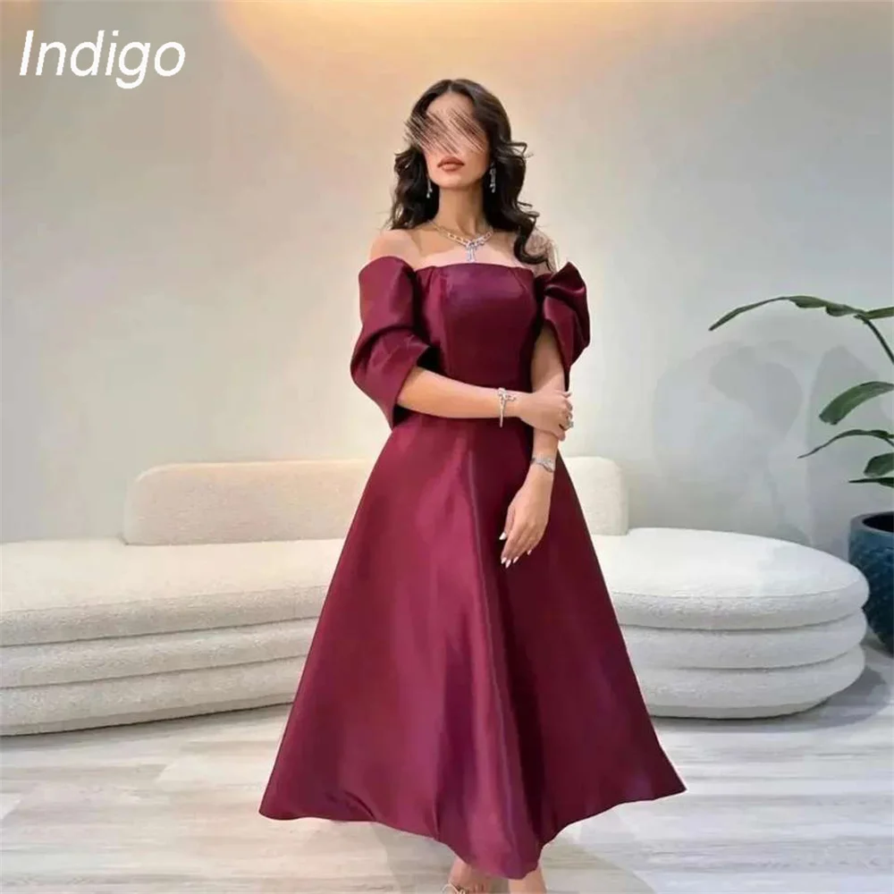 

Indig Prom Dress A-Line Off The Shoulder Satin Ankle-Length Bow Pleat Beading Formal Party Evening Gown For Women فساتين السهرة