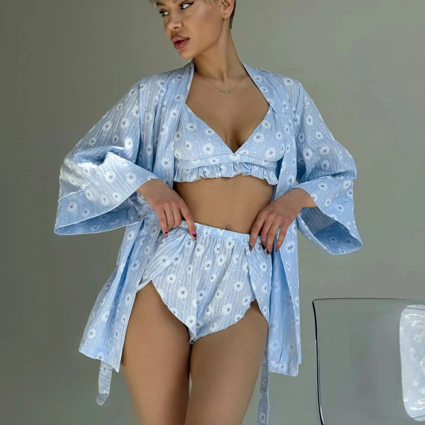 Summer Daisy Flower 2 Pieces Women Sleepwear Sexy Lingerie With Shorts Lounge Wear Ruffle Pyjamas Custom Printed Pajamas Cotton