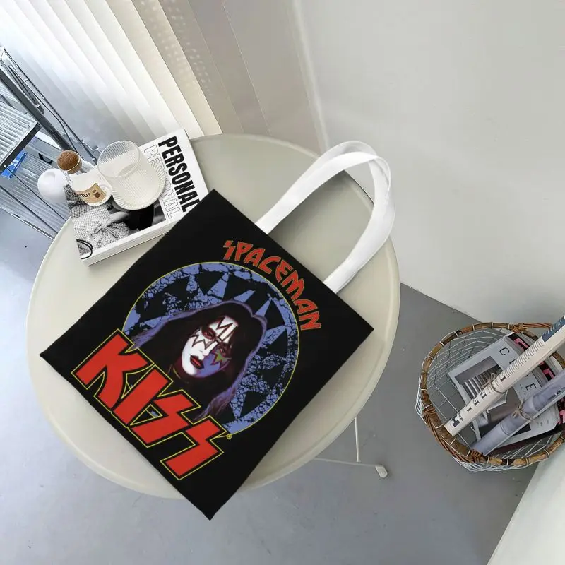 Heavy Metal Rock Band Kiss Boodschappen Boodschappentas Schattige Bedrukte Canvas Shopper Schoudertassen Grote Capaciteit Draagbare Handtas