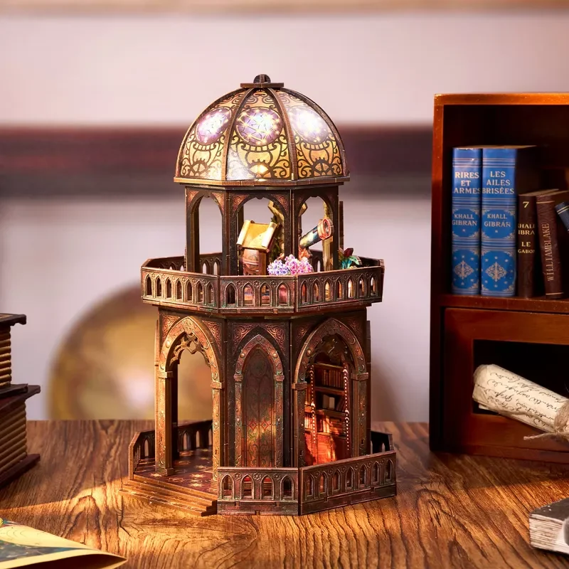 DIY 3D Wooden Puzzle Book Nook Kit Observatory Bookshelf Insert Dollhouse Model Bookend Home Decoration Building Gifts for