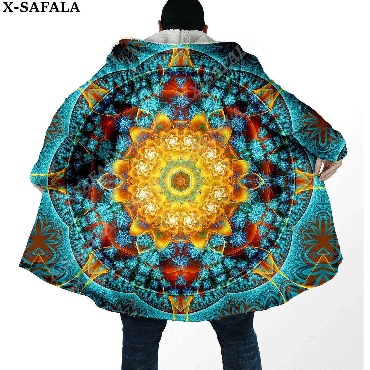 Mandala Psychedelic Trippy 3D Print Dream Cloak Thick Warm Hooded Men Overcoat Coat Windproof Fleece Cape Robe Blanket-4