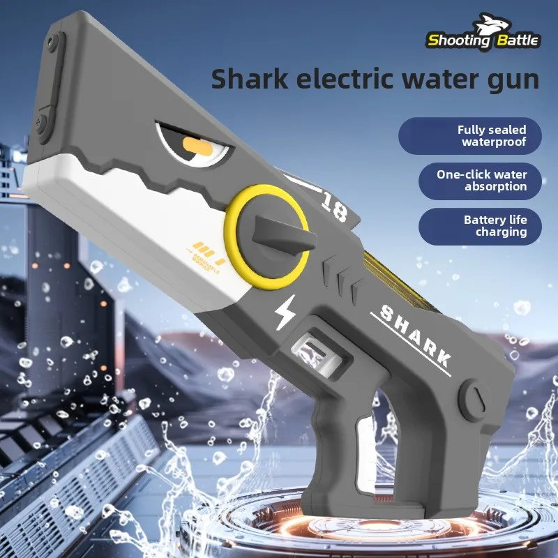 상어 물 블래스터 자동 채우기 전기 물총 450ml 탱크 12m 범위 풀 해변 전투 장난감 성인 어린이 여름 재미