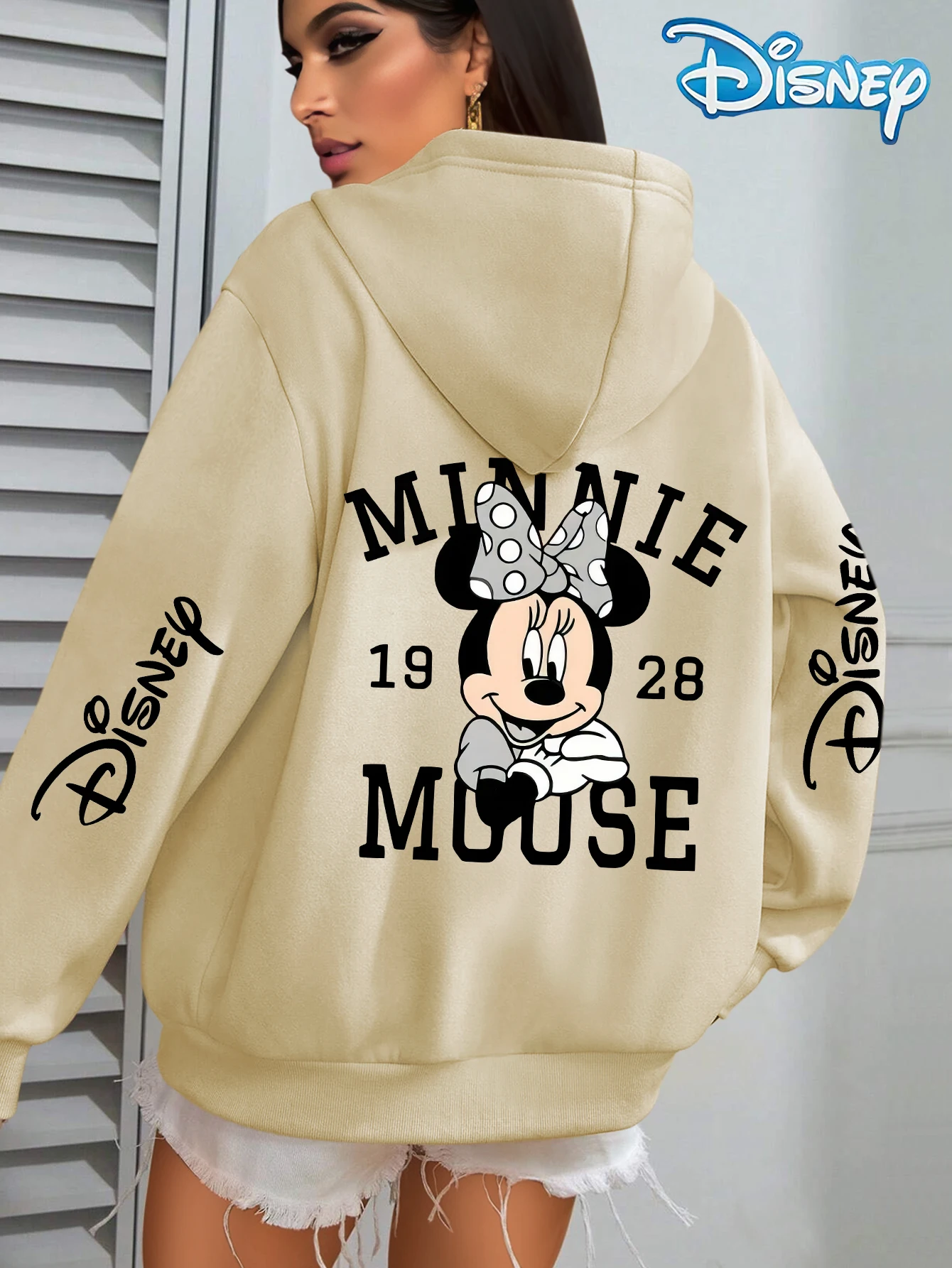 Disney minnie mouse feminino padrão outono e inverno velo moletom com capuz unisex streetwear oversized solto casual