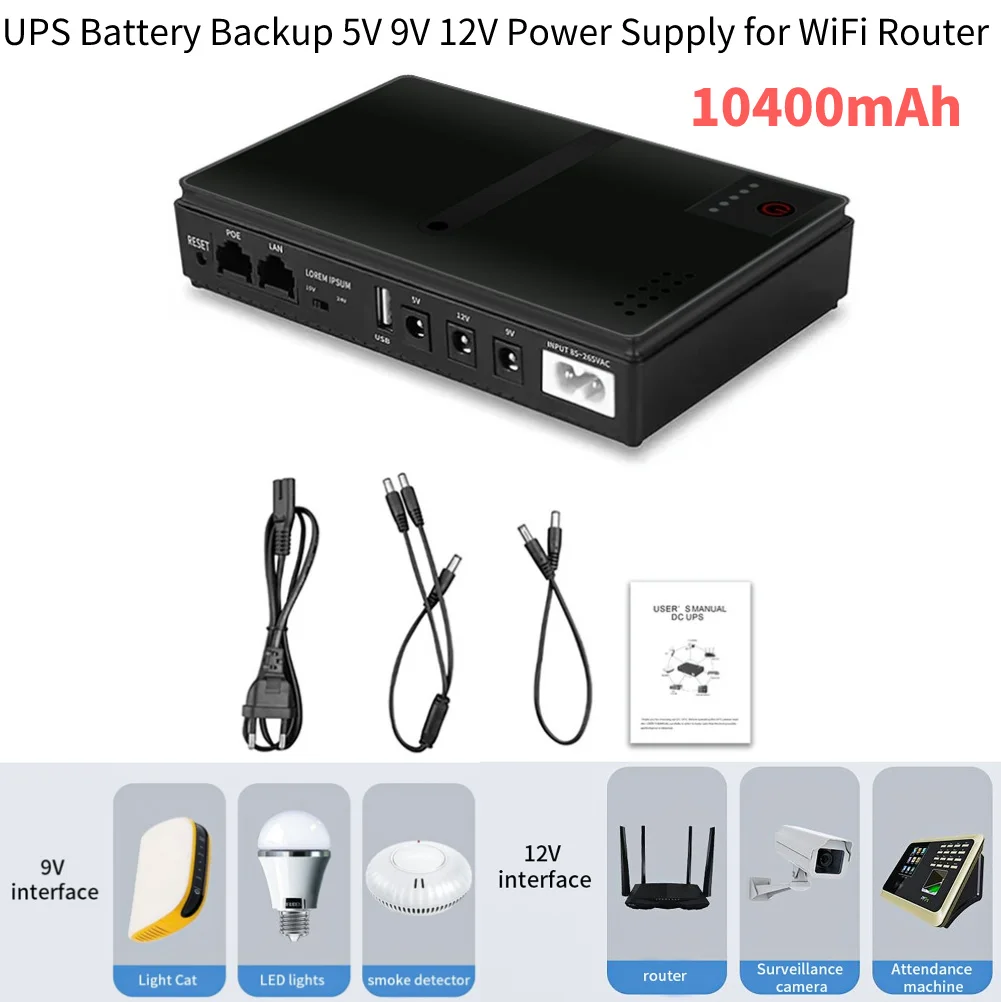 10400mAh Mini Portable UPS Uninterruptible Power Supply Large Capacity Battery Backup 5V 9V 12V for WiFi Camera Router Speaker