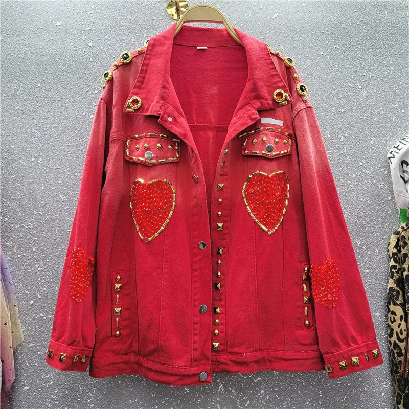 

2024 Spring Autumn New Design Sense Heavy Industry Handmade Nail Diamond Sequins Love Red Denim Coat Women Trend LX193