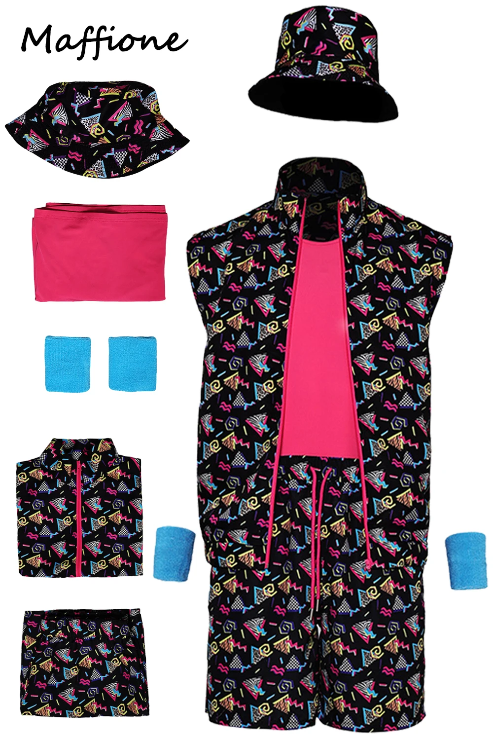 레트로 힙팝 코스프레 남성 운동 프린트 운동복 코스튬, 남성 80 년대 빈티지 롤플레이 모자, 손목 밴드 의상, 할로윈 슈트, 6 개