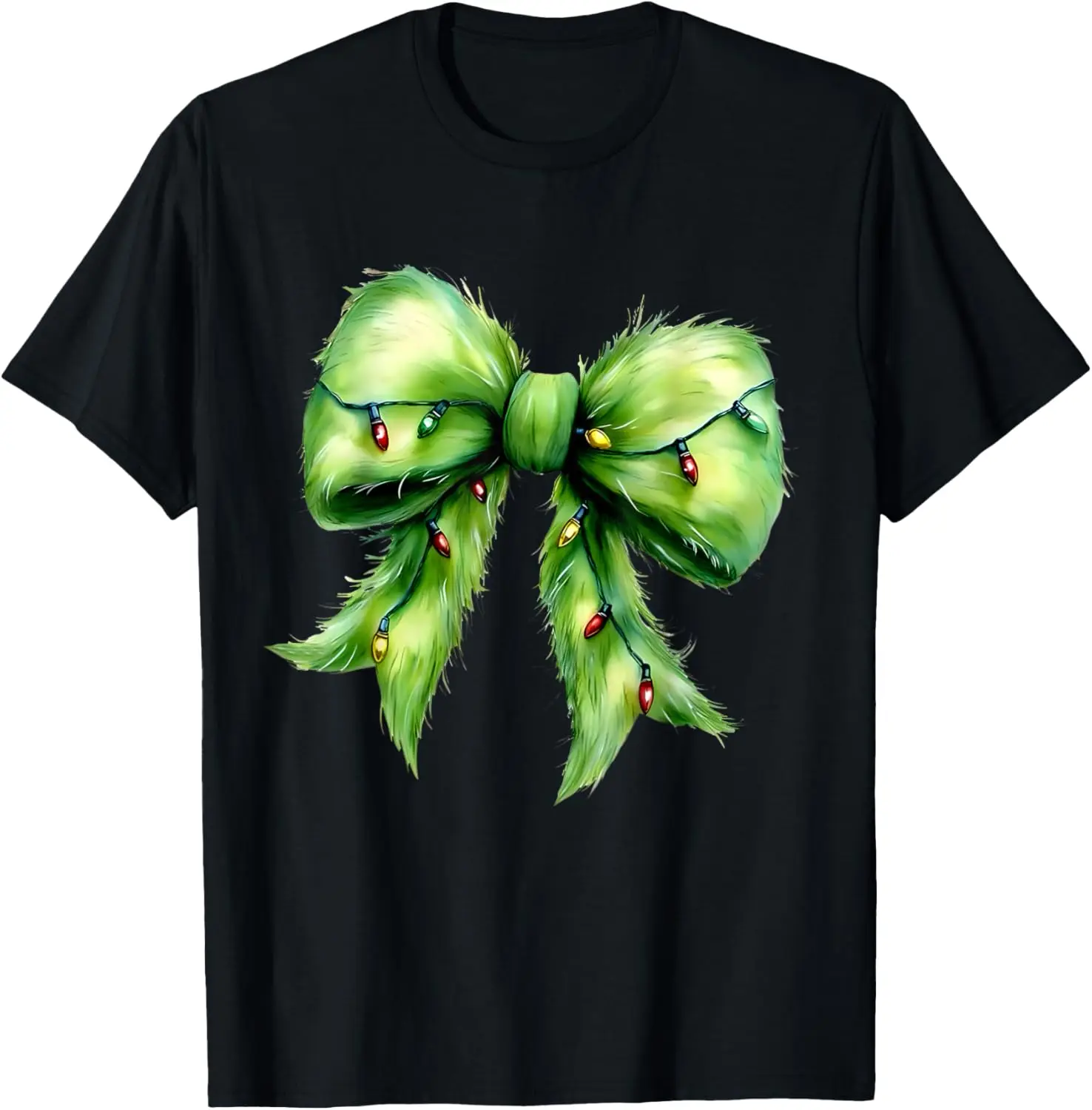 Furry Green Grinch Bow Christmas Lights T-Shirt Casual Cotton Men's Graphic Tee