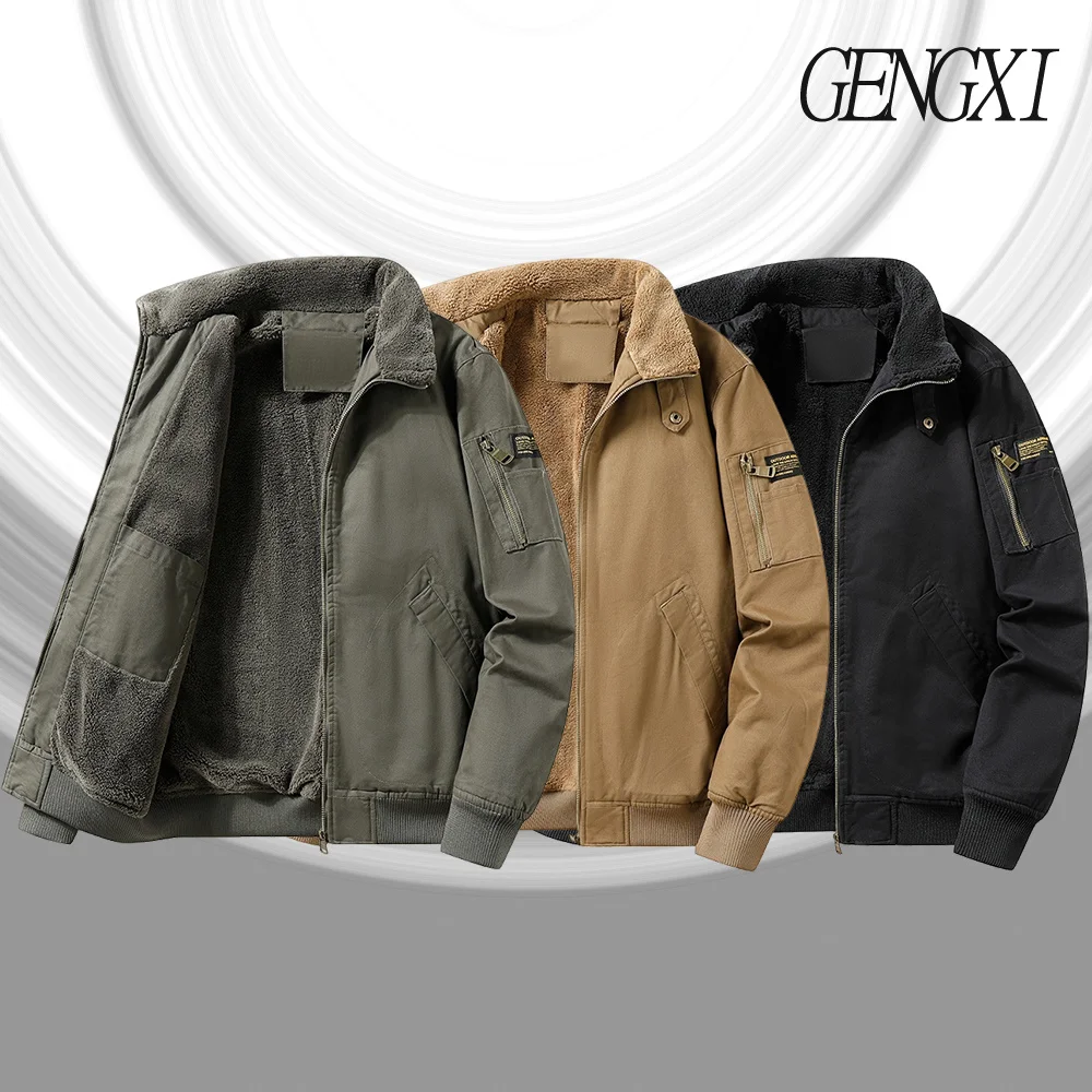 

American Vintage Pilot Jacket Washed Distressed Workwear Jacket Autumn/Winter Fleece-Lined Thickened Multi-Pocket Lapel Coat