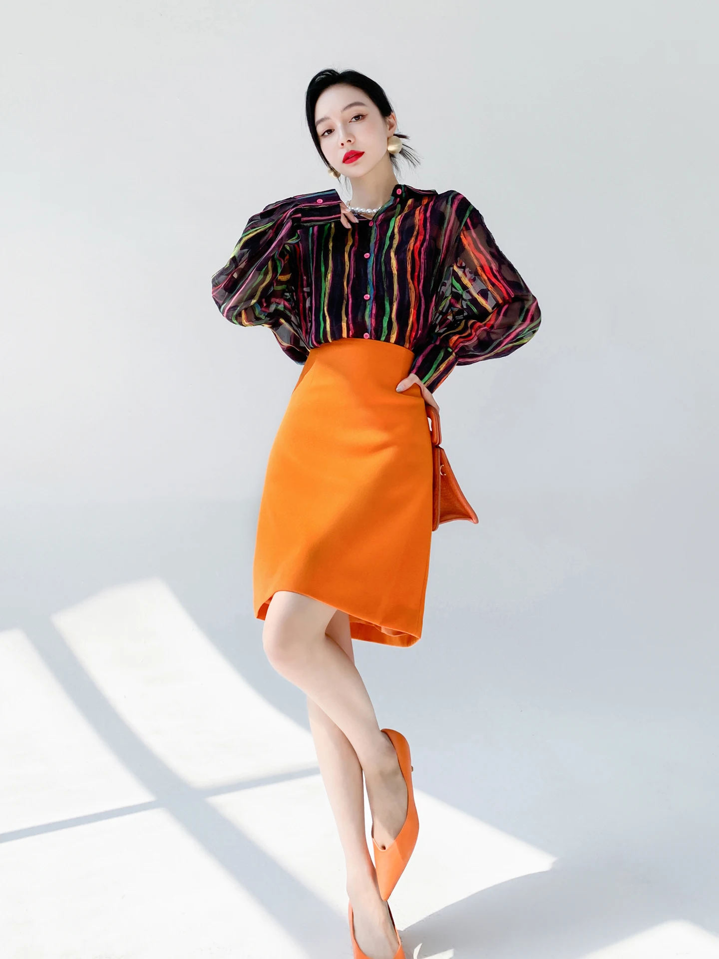 

Aksaya Vintage Bubble Sleeve Loose Slimming Long Sleeve Women's Shirt Stripe Print Polyester Fiber Polyester 100%