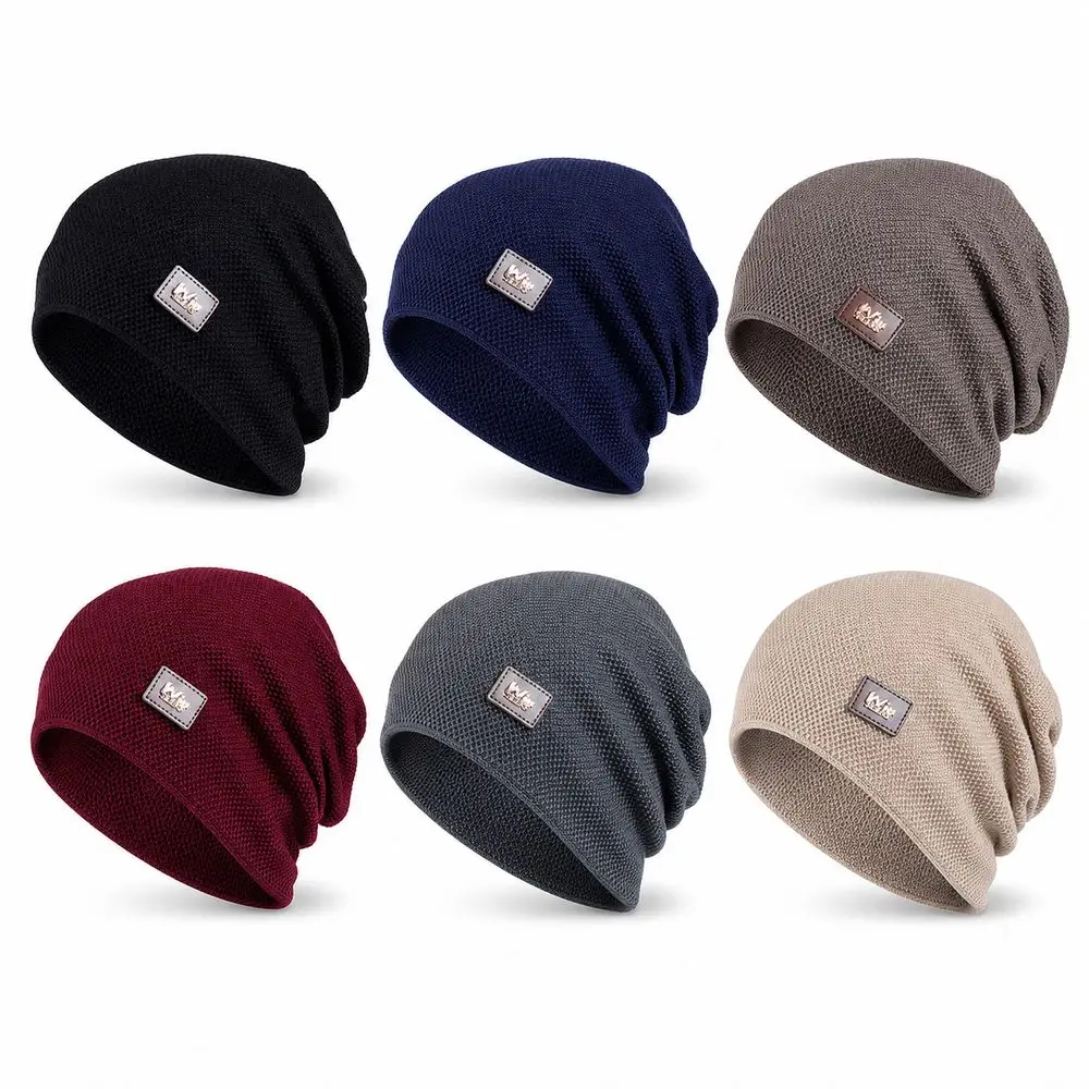 Warm Fleece Lined Casual Knitted Hat Label Decor Pullover Slouchy Winter Hats Knitted Material Solid Turban Cap Winter Season