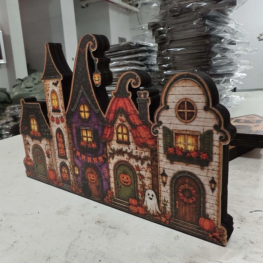 Wooden Wooden Haunted House Multi-layer Flat Base Halloween Village Decor Durable Craft Eco-friendly Rustic Autumn Ornament