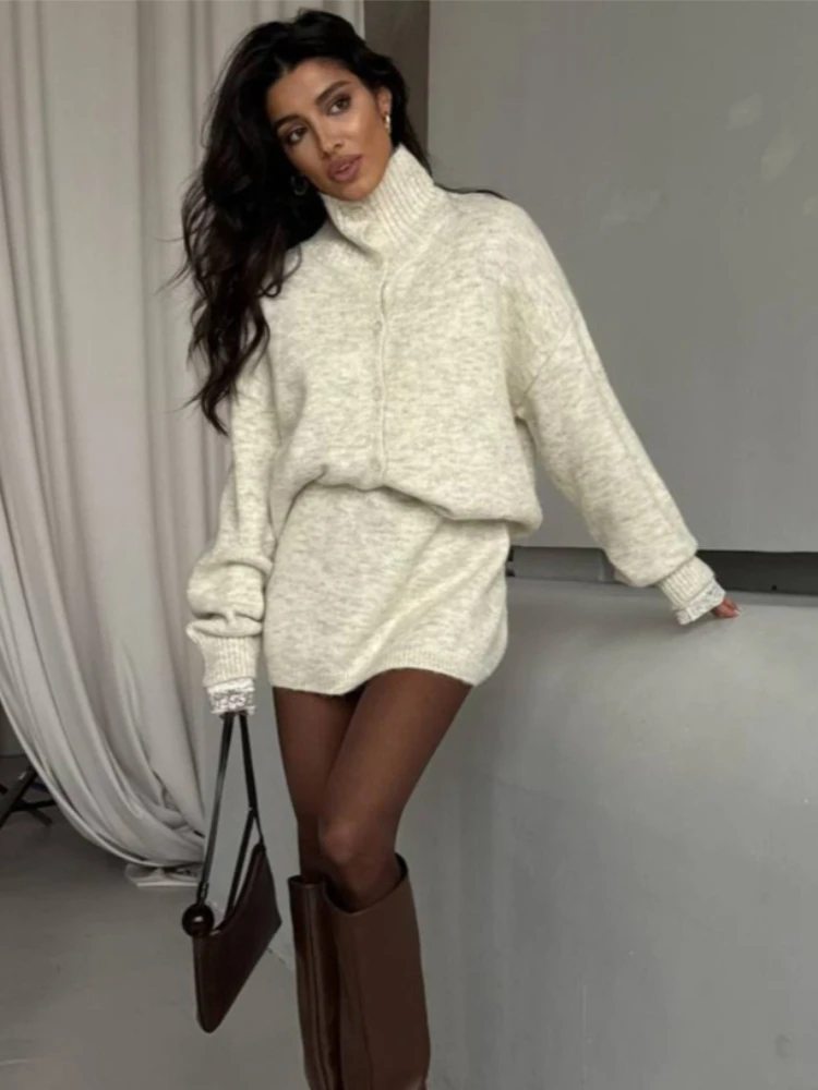 

Tossy Autumn Vintage Knit Sweater 2 Piece-Set Skirt Solid Stand Collar Casual Loose Cardigan Slim Bodycon Skirt Knitwear Outfits