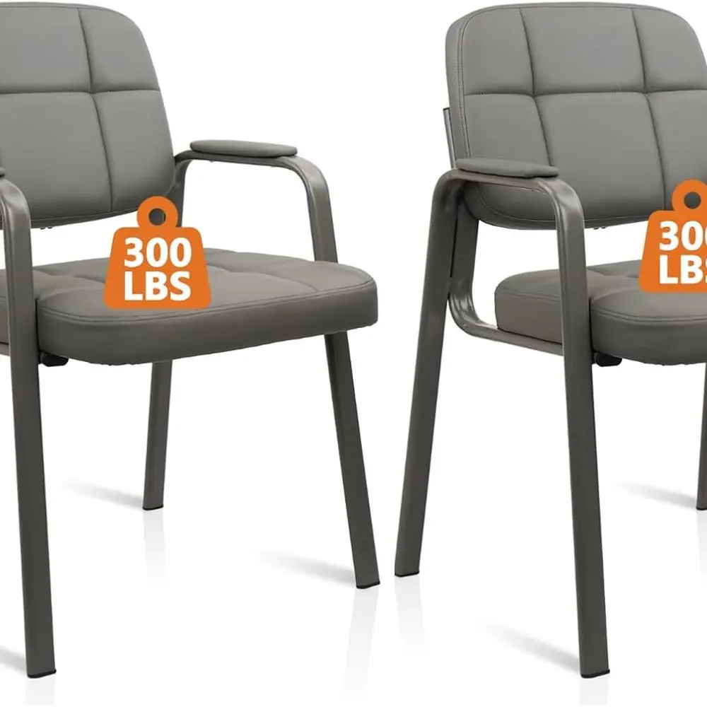 Par de sillas de sala de espera estacionarias de cuero gris con brazos acolchados para personas mayores y invitados, ideales para áreas de recepción de oficina