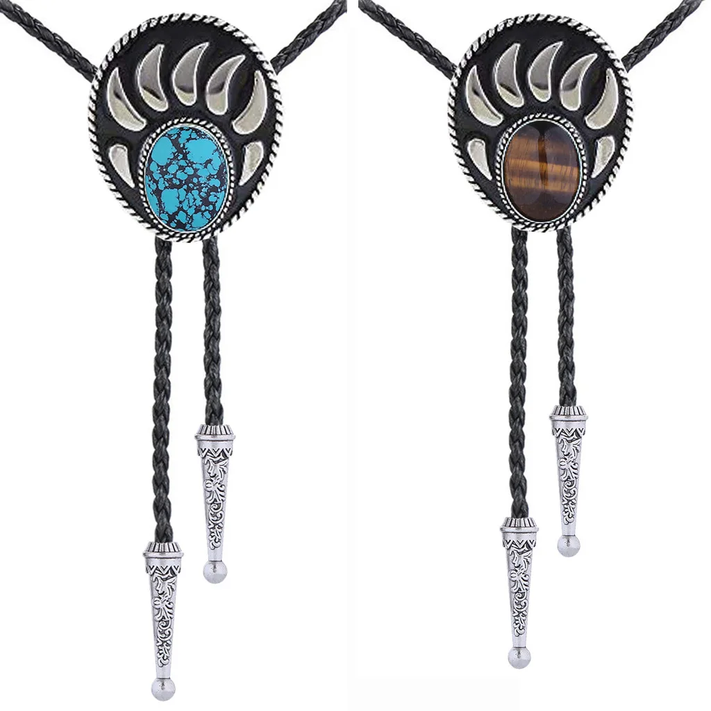 

Totem Bear print turquoise tiger Eye stone bolo tie collar rope Western cowboy bolo tie