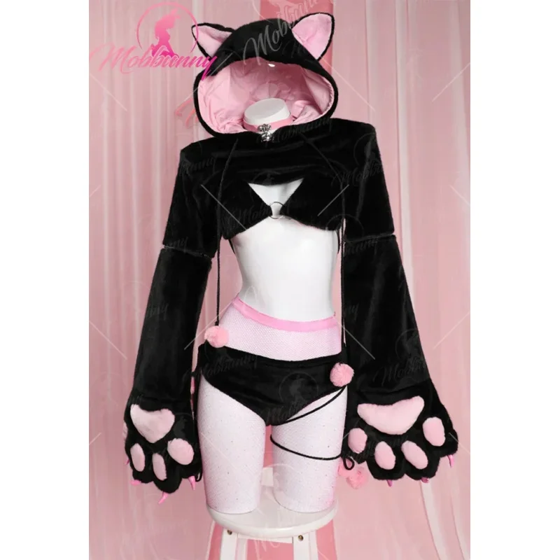 

Mobbunny Women Furry Paw Cosplay Costume Sexy Lingerie Set Kawaii Plush Black Cat Style Paw Gloves Hoodie Top and Bra Panty Set