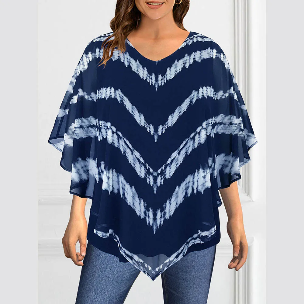 Women's Plus Size Chiffon Stripe Printed Blouse Elegant Round Neck Double-Layered Summer Top Casual Loose Female Cape Pullovers
