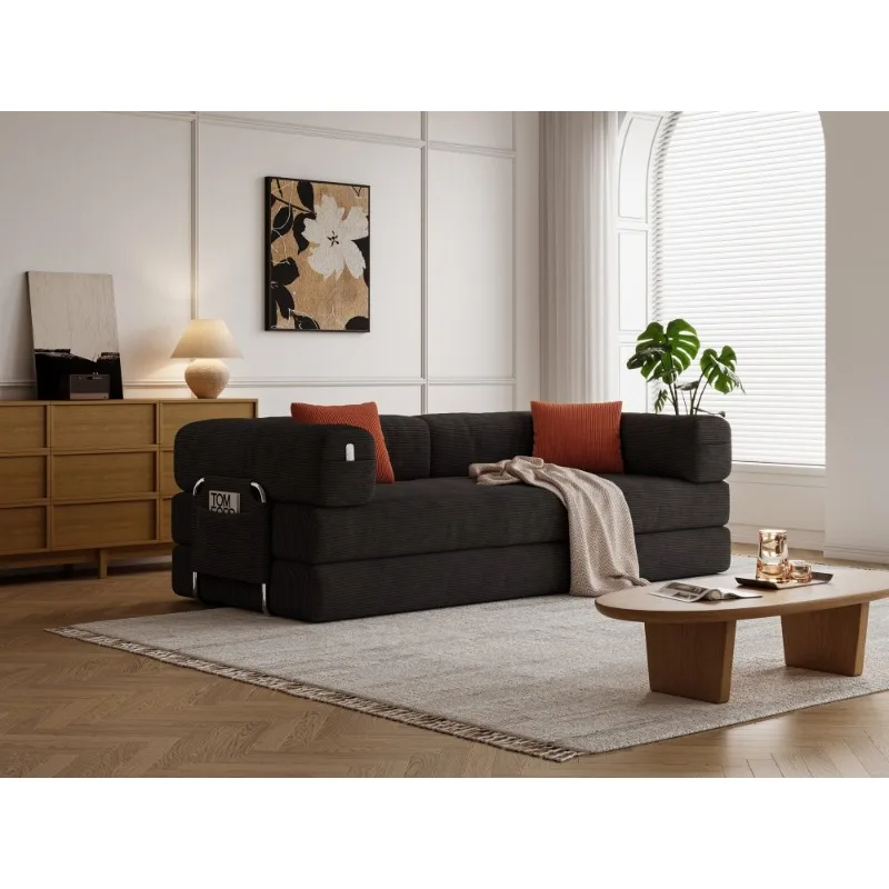 Черный вельветовый диван с боковым карманом, современная удобная мебель для гостиной, стильный диван с оранжевыми подушками, домашний декор