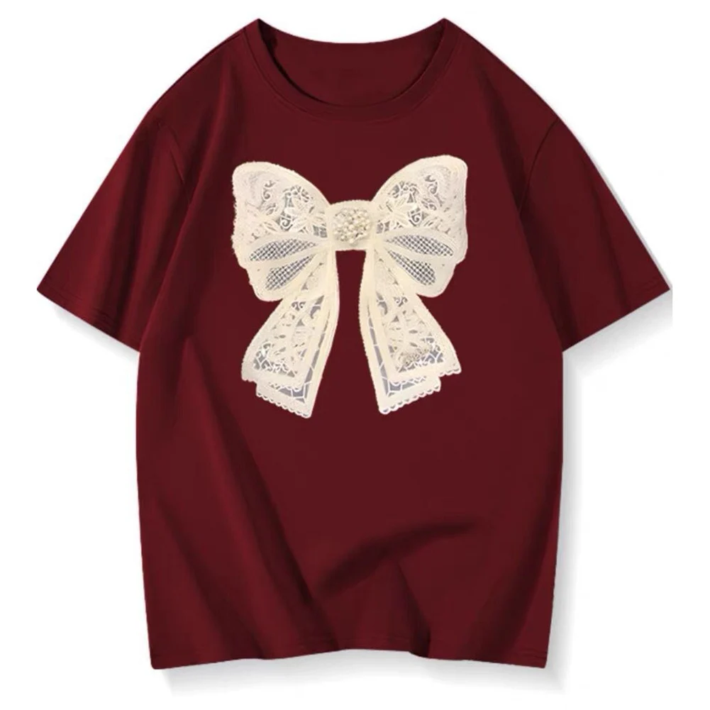 T-shirt con perline ricamate con fiocco che borda Top estetico Y2K XL Harajuku Lady Tees Articolo nuovo di zecca Top stile casual
