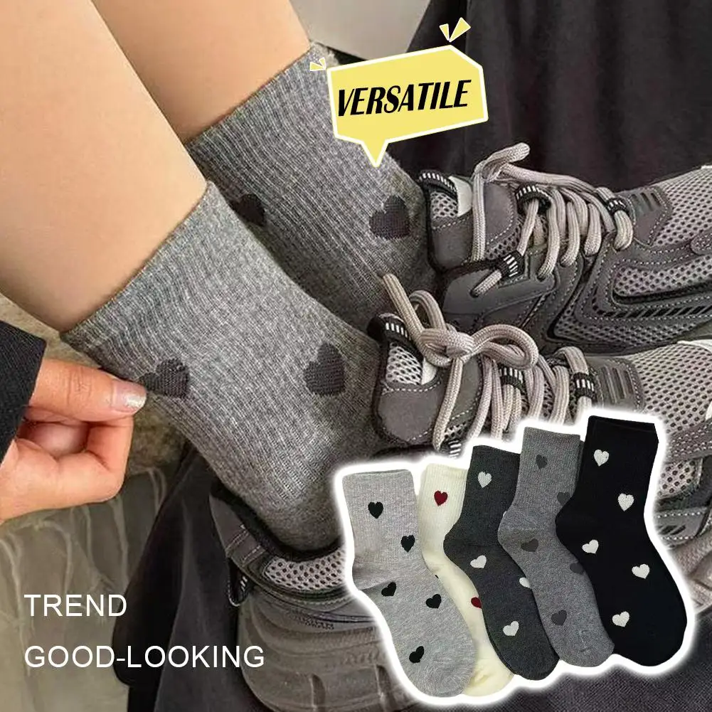 5 Pairs Women's Cute Heart Shaped Mid Tube Socks Spring and Autumn New Ins Trendy Versatile High Beauty Duty Series Socks