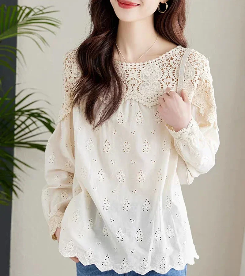 Apricot Cotton Lace Hollow Long-sleeved Blouse Female Autumn Korean Loose Large Size Design Sense of Fashion Casual Shirt Z625