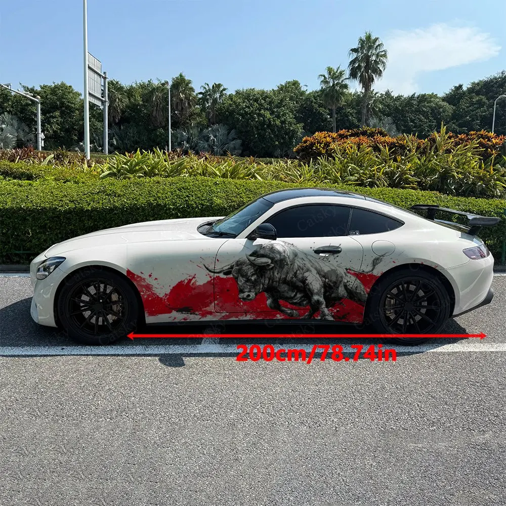 2pcs Red Ink Splatter Bull Car Side Wraps, Self-Adhesive PVC Waterproof & Scratch-Resistant Stickers, Car Accessory Gift