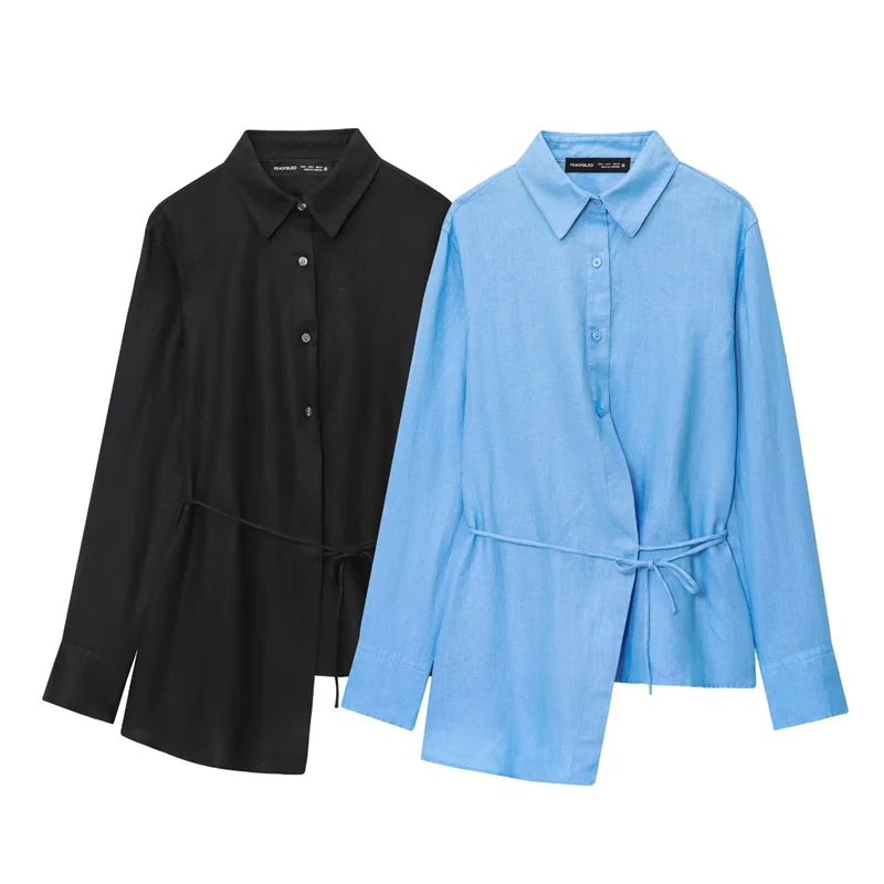 

Women's Shirt New Summer 2025 Solid Color Long Sleeve Asymmetrical Hem Shirt Lace-up Trim Casual Fashion Personality Versatile