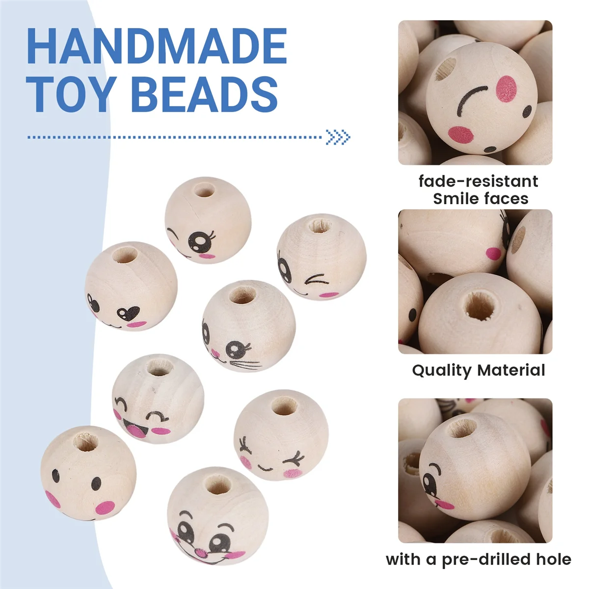 CHCH 8 Styles Wooden Beads with Face 20 mm Smile Face Wooden Bead Natural Wood Beads Round with Hole Pack of 80