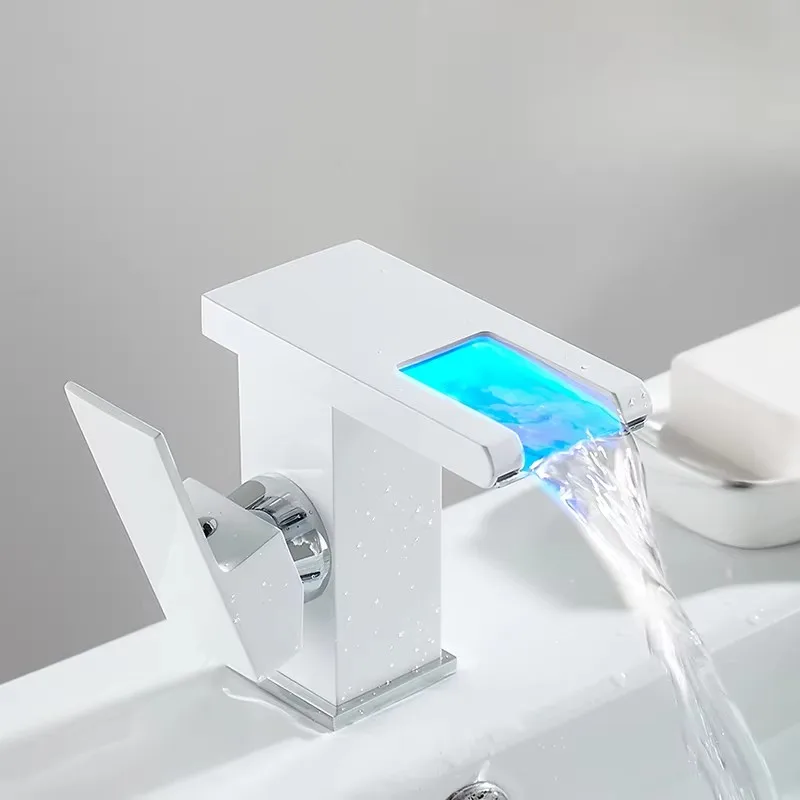 Basin Faucet Hot and Cold All Copper Face Wash Bathroom Cabinet Hydraulic Luminescence Color Changing LED Counter Basin