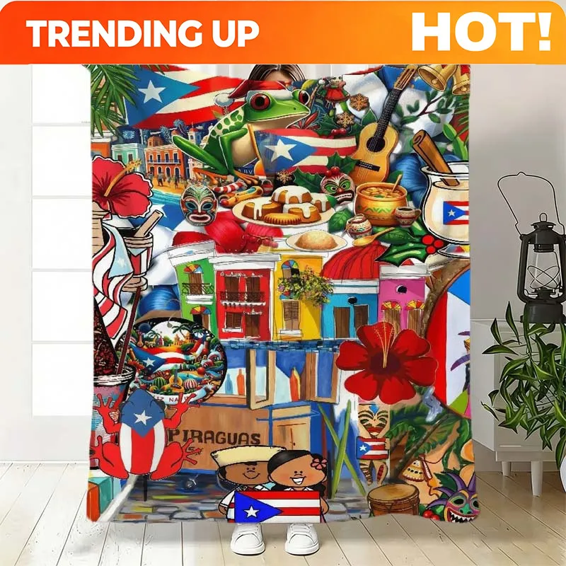 Customize 1pc Puerto Rican Cultural Pattern Printed Flannel Blanket, Soft and Comfortable, Washable, Suitable for All Seasons, P