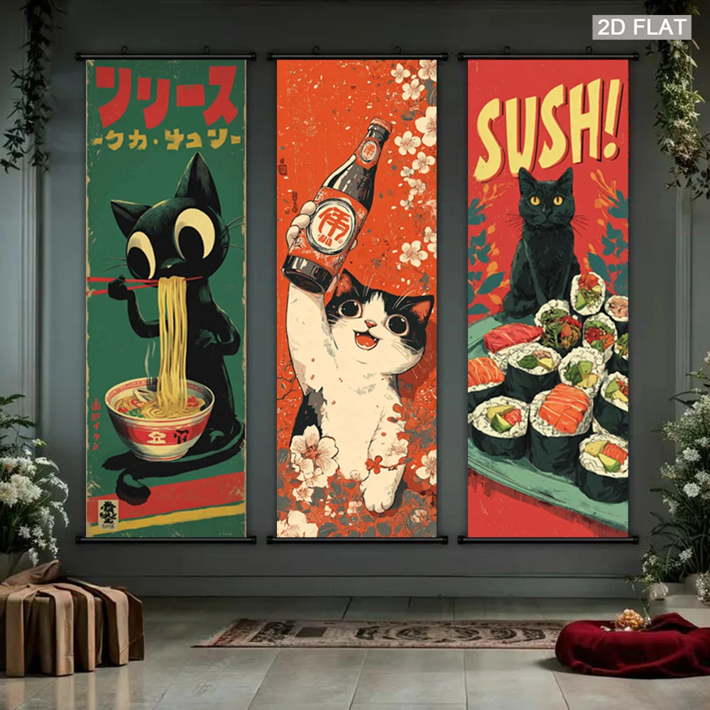 VIKAMA Japanese Retro Cat Food Scroll Tapestry, Cute Kittens Ramen Sushi Poster, Anime Wall Art for Kitchen Dining Room Decor