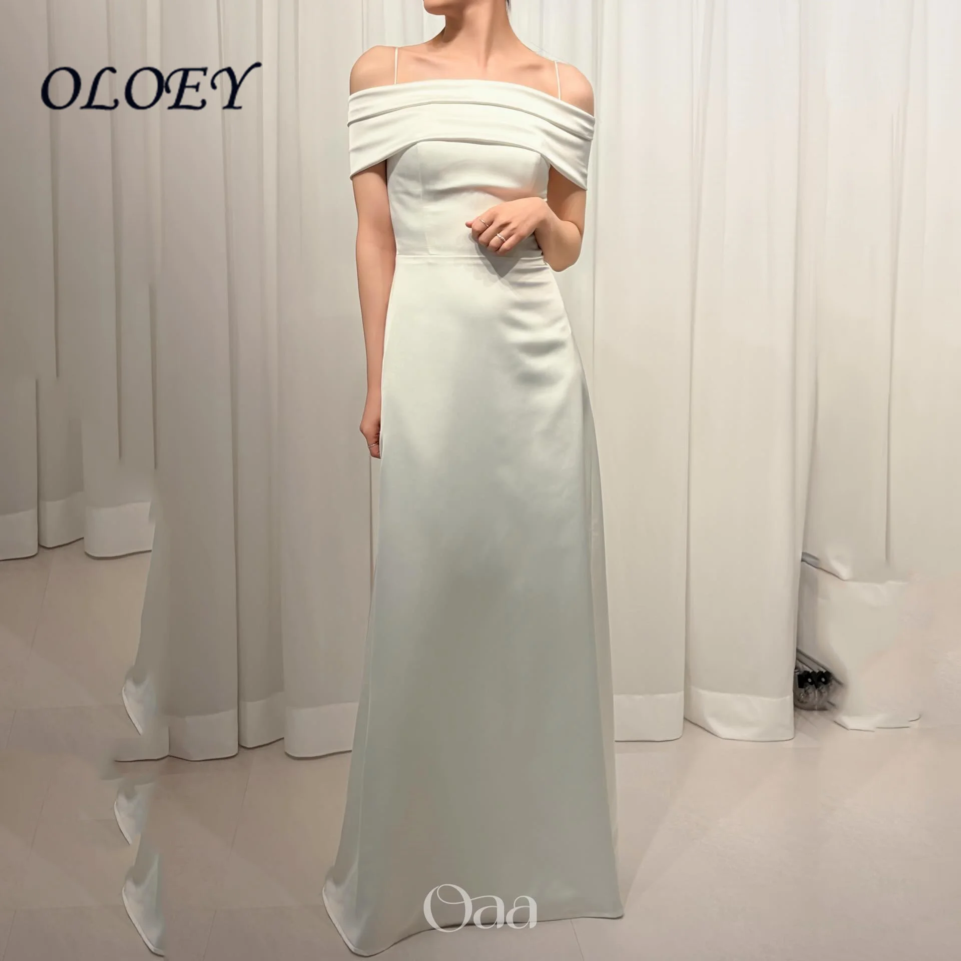 Oloey Customized 2027 Off Shoulder Spaghetti Straps Satin Evening Dress Draped Column Wedding Party Gown Vestidos De Noche