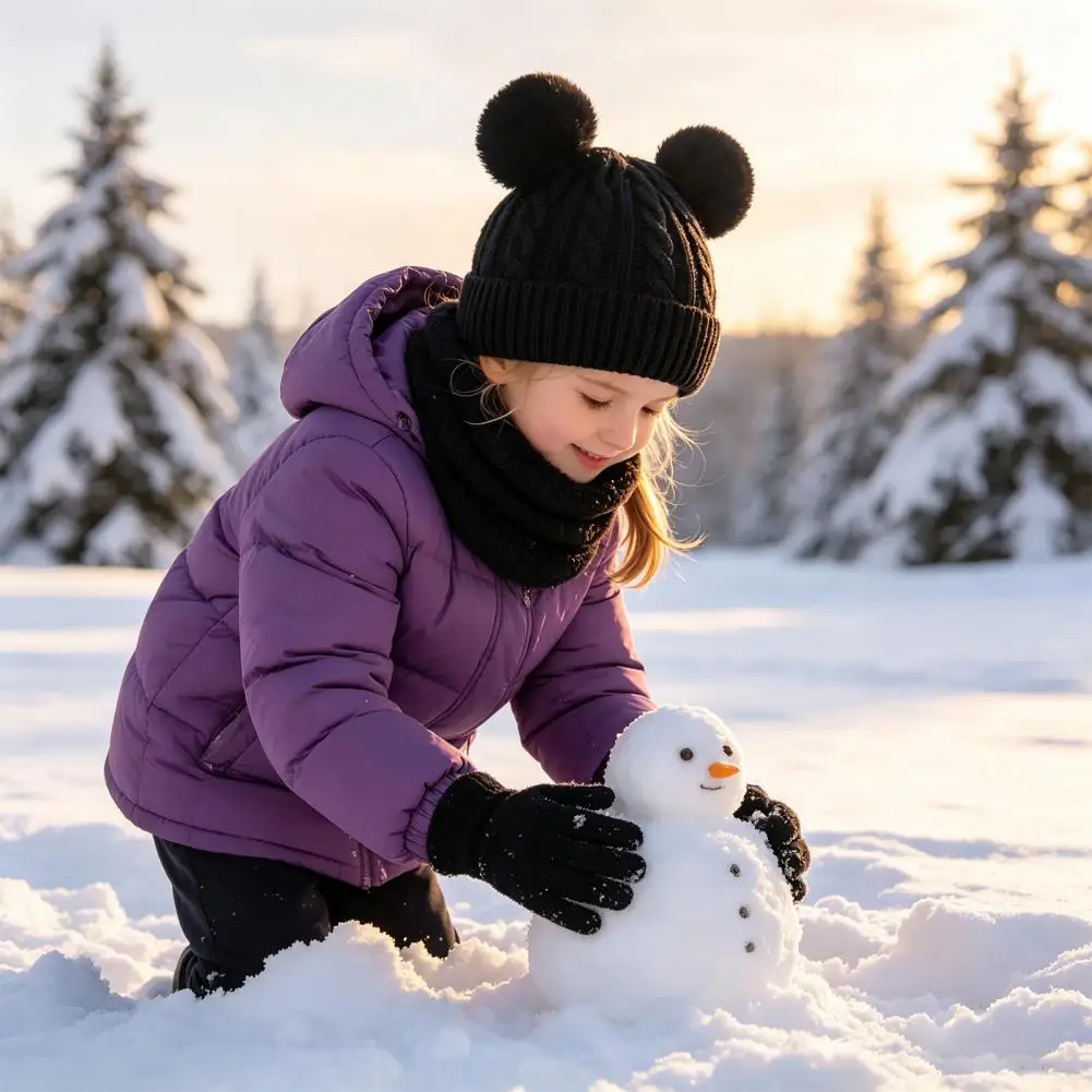 Soft Comfortable Winter Headwear Kids Winter Knit Set with Bear Ear Hat Fleece Lined Neck Gaiter Full Finger Gloves – for Boys