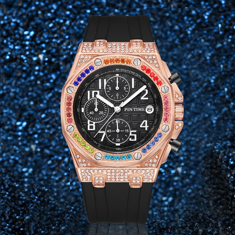 PINTIME New Rainbow Diamond Inlaid Men's Watch European And American Business And Leisure Style Men's Waterproof Quartz Watch