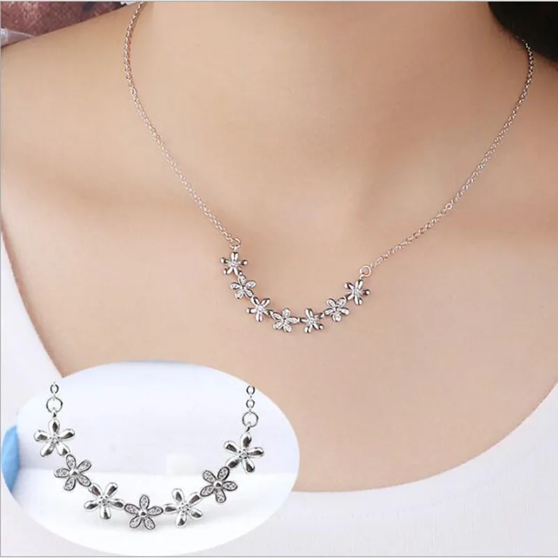 Korean Fashion 925 Sterling Silver Jewelry Micro-set Seven Petals Seven Fairy Clavicle Chain Female Pendant Necklaces  HZX226
