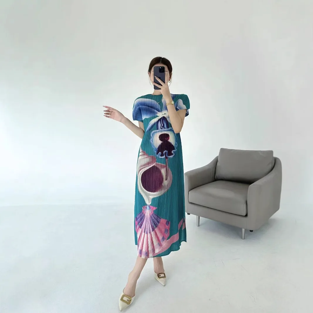 

Miyake Thing Floral Print Pleated Women's Dress 2025 Summer New French Fashion Casual Versatile Design Loose Comfortable Skirt