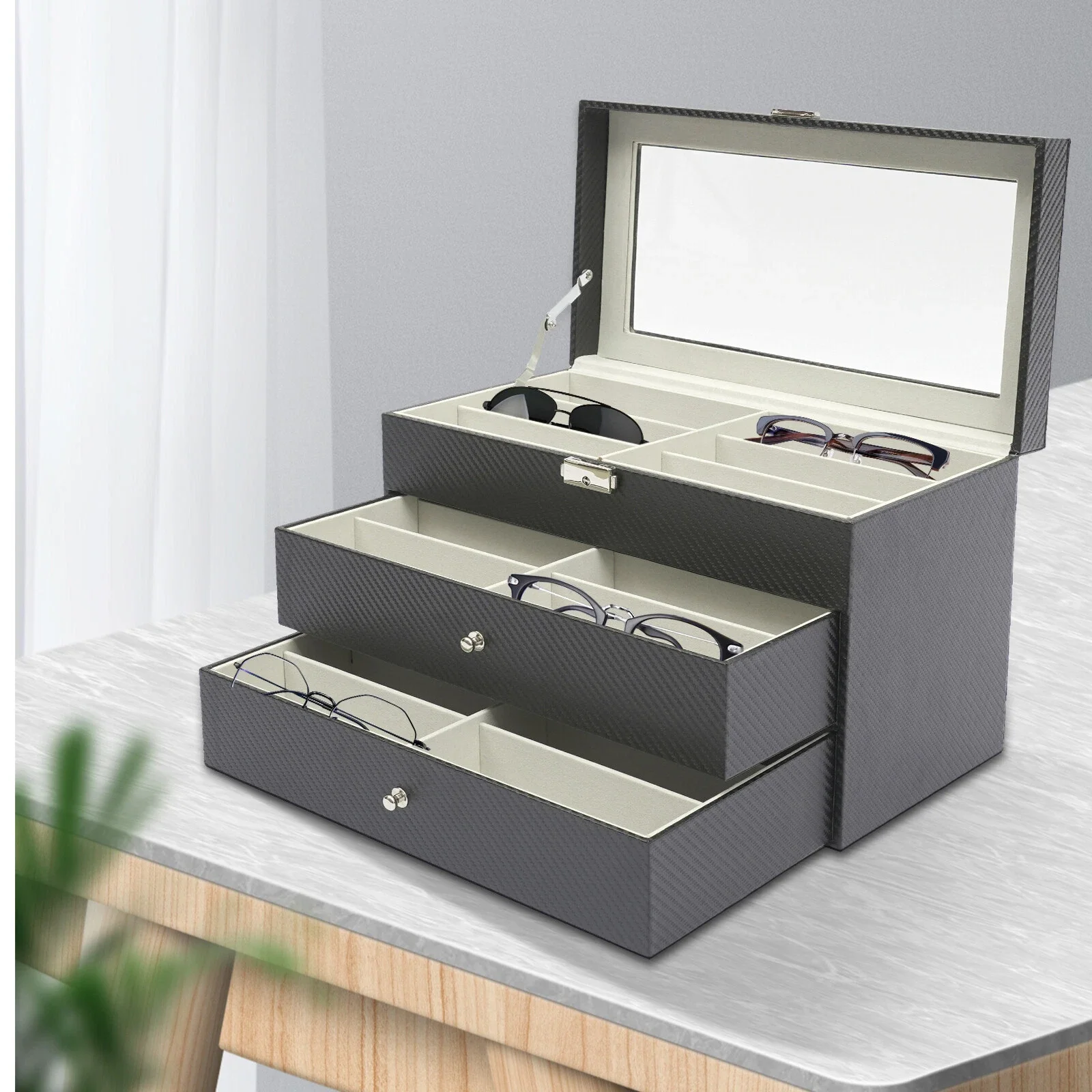 

3 Layer 18 Slots Eyeglass Sunglass Storage Box Display Glasses Textured Pattern