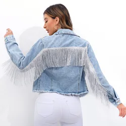 Denim Coat Single Breasted Long Sleeve Women Jackets Tassel Turn Down Collar High Street Loose Spliced Solid Button Pockets