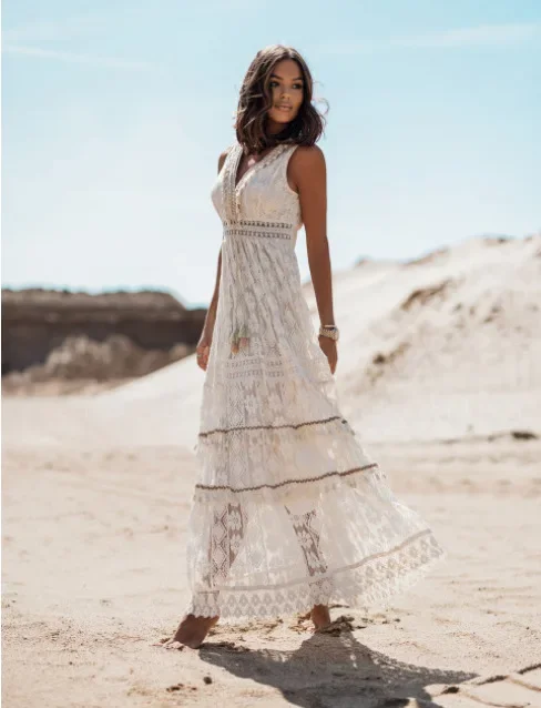 Vestido ahuecado de encaje blanco para mujer, Maxi largo elegante, sin mangas, Vestido de playa bohemio, borlas de albaricoque, dama, vacaciones de verano