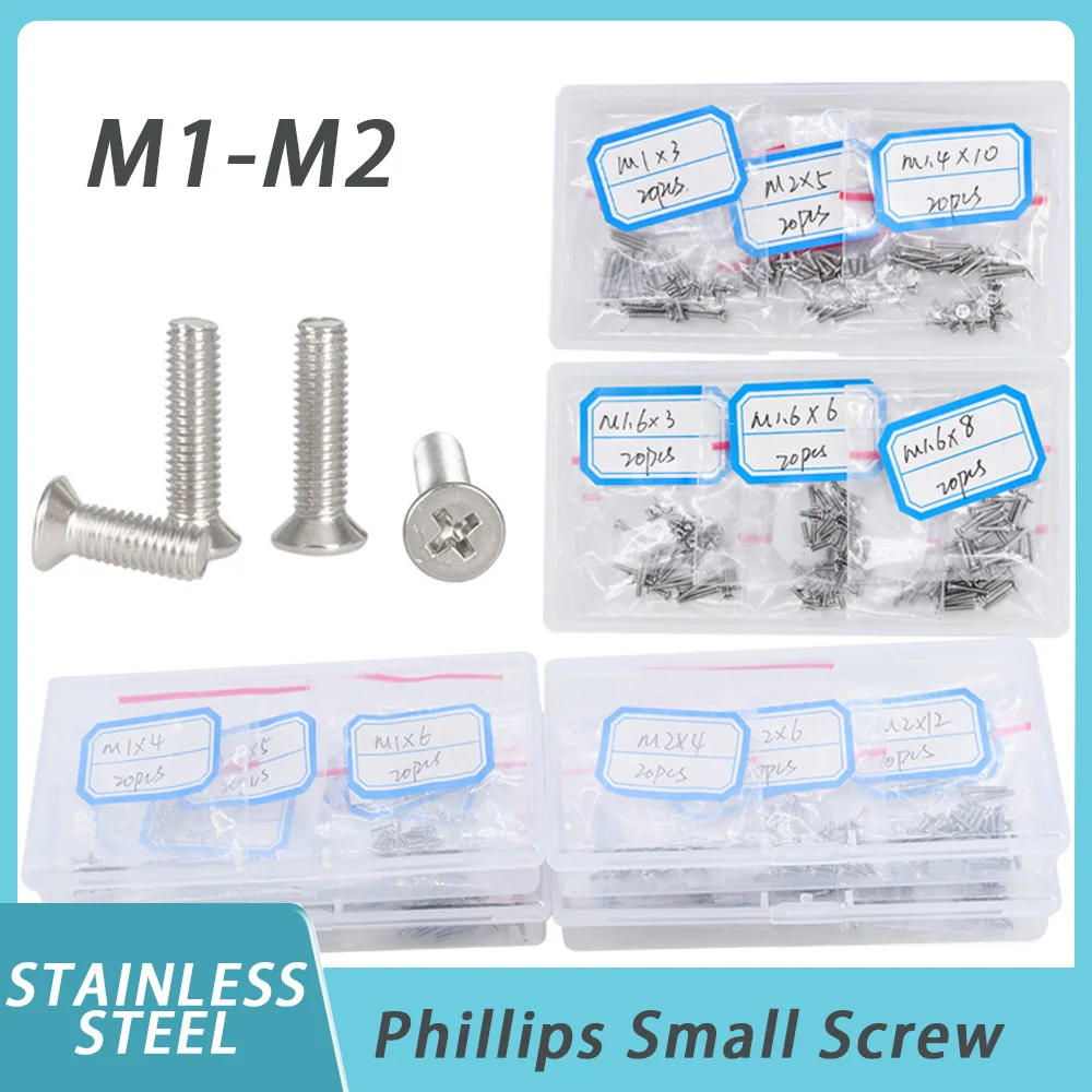 M1 M1.4 M1.6 M2 304 Stainless Steel Countersunk Phillips Small Screw Cross Spectacle Screw Flat Head Glasses Watch Bolt Box Kits