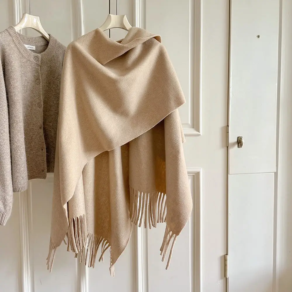 Winter Fashion Women Thickened Woolen Shawl Cape Fringe Poncho Split Cloak Outdoor Travel Photography Cozy Warm Outerwear