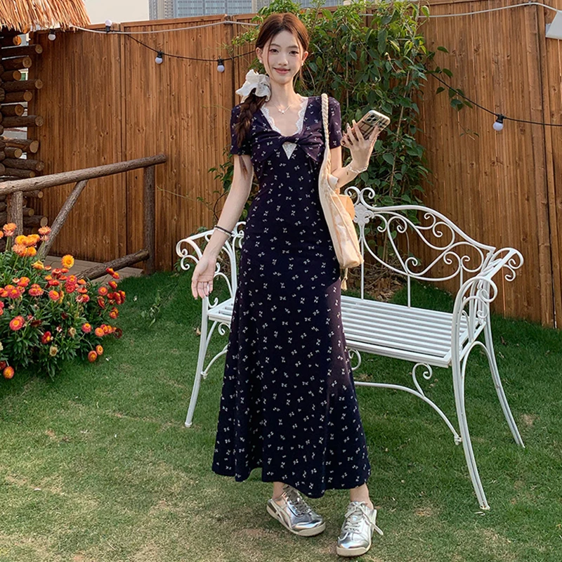 Dark V-Neck Lace Splicing Floral Dress Summer Korean Style Twisted Design High Waist Mid Length Flowers Dresses For Women